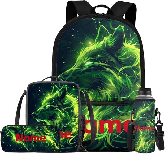 Galaxy Wolf Customized Backpack for Girls Boys Backpack with Lunch Box Water Bottle Carrier and Pencil Pouch 4PCS Set Bookbag with Front Pocket for School 17 inch Sturdy School Bag for Kids by ELEDIZI
