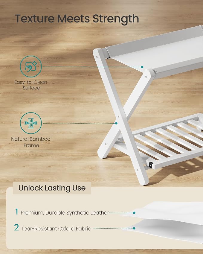SONGMICS Bamboo Luggage Rack, Foldable Suitcase Stand, Luggage Holder with Storage Shelf, Synthetic Leather, Fully Assembled, Wipe-Clean, for Guest Room, Hotel, Bedroom, Cloud White URLR030WZ01 - Image 5