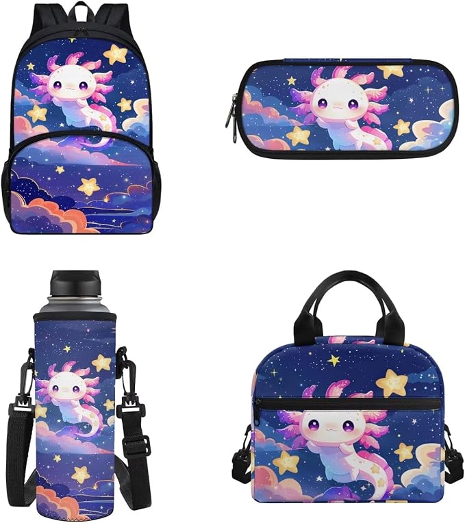 POLERO Cute Axolotl Backpack with Lunch Box for Girls Elementary Preschool Kindergarten School Bag Pencil Case Water Bottle Holder Set - Image 2