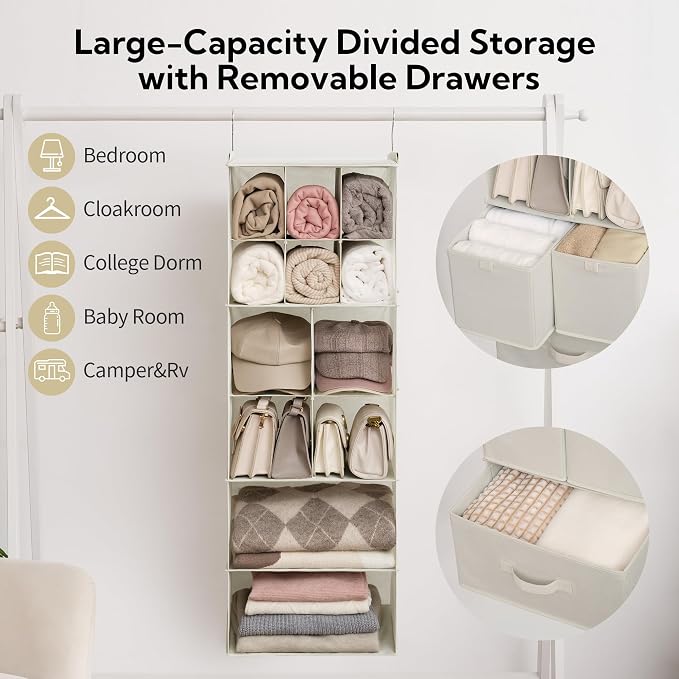 GRANNY SAYS Hanging Closet Organizer with Drawers, 6 Shelf Dividers Closet Hanging Organizer, Portable Foldable Hanging Shelves for Closet, Dorm Room, Bedroom, Kids Room, Beige - Image 5