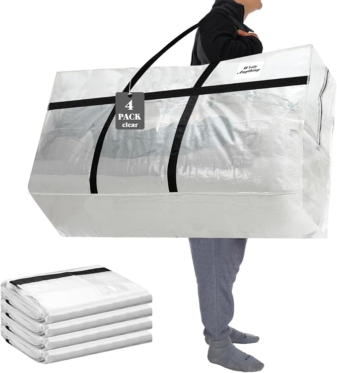 Windyun 4 Pack 57 Gallon Extra Large Moving Bags XXL Heavy Duty Storage Bag with Strong Zipper Handle Jumbo Big Tote Box Foldable for College Dorm Travel Clothes Duffle Blanket Pillow(Transparent) by Windyun