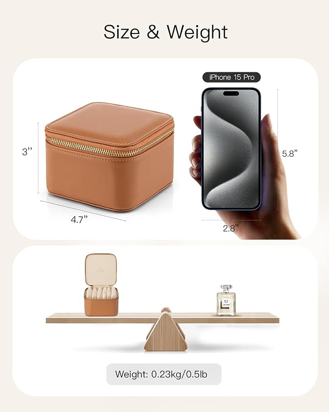VLANDO Travel Jewelry Case,Valentines Gifts,Small Jewelry Box Organizer,Travel Jewelry Storage with 6 Velvet Jewelry Zipper Pockets, Birthday Gifts for Women Girls (Brown) - Image 7