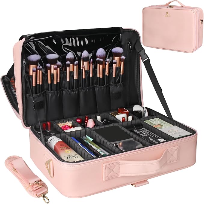 Relavel Makeup Case Large Makeup Bag Professional Train Case 16.5 inches Travel Cosmetic Organizer Brush Holder Waterproof Makeup Artist Storage Box, 3 Layer Large with Adjustable Strap (Pink) by Relavel