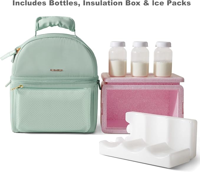SUNVENO Breast Milk Cooler Bag with Detachable Insulation Box, Double-Layer Pumping Travel Bag for Work & Daycare, Fits Bottles, Ice Packs and Pump Parts,Green - Image 2