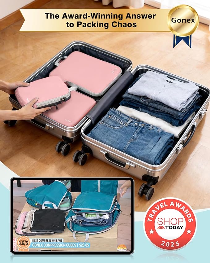 Gonex Compression Packing Cubes, 4pcs Expandable Storage Travel Luggage Bags Organizers (Pink) - Image 2