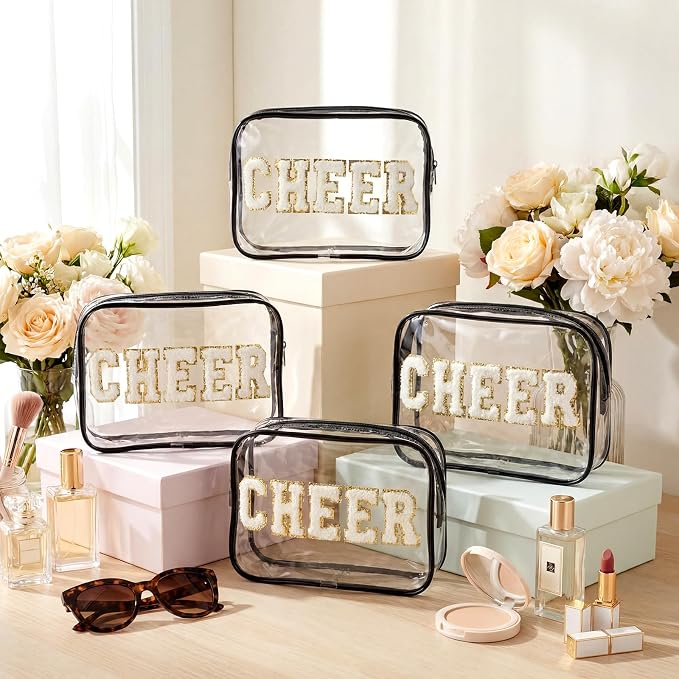 Kacctyen 12 Pack Cheer Clear Makeup Bags Bulk with Chenille Cheer Letter Patches Small Waterproof Cosmetic Pouch Zipper Travel Toiletry Bag Organizer for Women Girls Cheerleading Team Gift, Black - Image 4