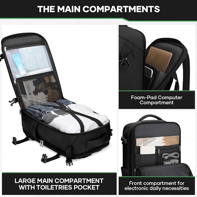 Maelstrom Travel Backpack for Men Women, 35L Carry on Backpack for Traveling on Airplane,with Belt Bag&Shoe Compartment,Waterproof Laptop Backpack fit 17”Laptop-Classic Black, Large - Image 4