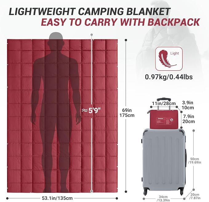 KingCamp Ultralight Camping Blanket, Packable Down Alternative Puffy Wearable Blankets Weatherproof Warm Package Quilt with Snap Buttons for Outdoor Hiking Travel, Picnic Stadium, (69" x 53" Crimson) - Image 2