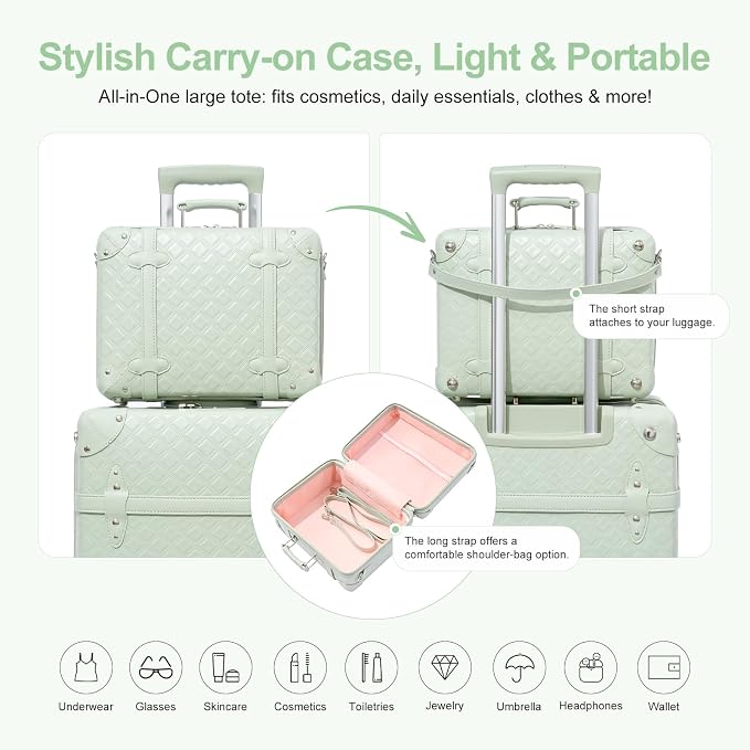 NZBZ Vintage Luggage Sets for Women, Retro PU Leather Suitcase with Spinner Wheels & TSA Lock, Cute Expandable Carry On Luggage Set of 2 (Green, 14" & 28") - Image 7