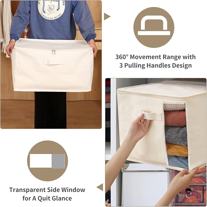 Canvas Comforters Bags Closet Organizers and Storage for Quilts Clothes Organization Containers Bins with Sturdy Zipper, Clear Window 75L for Sweaters Blankets Storage Bedroom Collapsible - Image 4