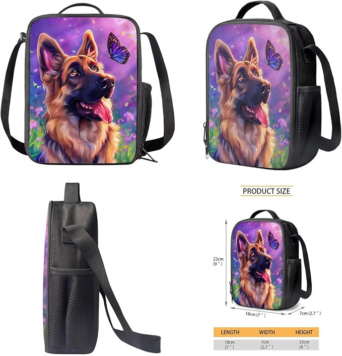 German Shepherd Backpack and Lunch Bag Set for Girls 6-8/8-10/10-12 Dog Kids Bookbag with Lunch Box Butterfly Elementary School Book Bag Lunchbag Pencil Case Student Schoolbag Back Pack - Image 5
