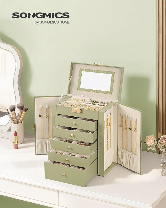 SONGMICS Jewelry Box Organizer, 6-Layer with 5 Drawers, Sage Green | Jewelry Storage Case with Lock and Mirror, Large Storage Capacity, for Necklaces, Watches, Gift for Loved Ones UJBC152CE01S - Image 2