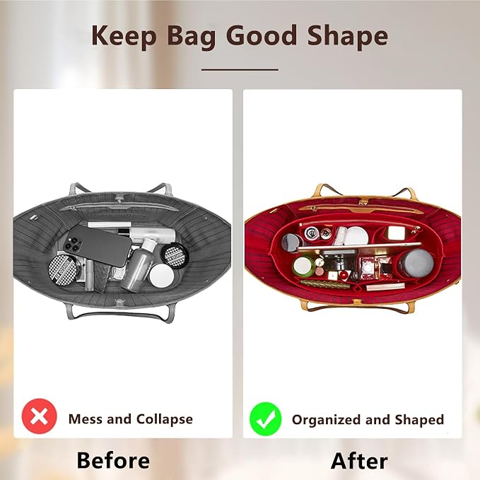 Purse Organizer Insert, Felt Zipper Bag Organizer with Base Shaper, Handbag Tote Dividers for Inside Purse Accessories, Compatible with Neverfull PM and More,Red/M - Image 3
