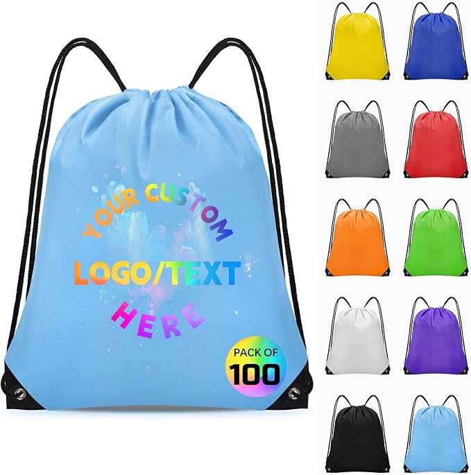 Grneric Custom Drawstring Bags Bulk 10/20/50/100/200 Pack, Promotional Items With Your Logo Personalized String Backpack for Gym, Sport, Travel, Sky Blue by Grneric