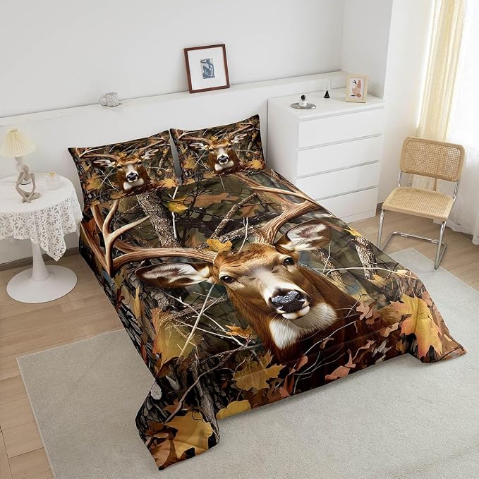 Erosebridal Kids Deer Bedding Set Full Boys Hunting Animal Antlers Comforter Set Bedroom Decor 3 Piece Girls Oil Painting Deer Down Comforter Woodland Trees Leaves Quilted Duvet Lightweight Warm - Image 3