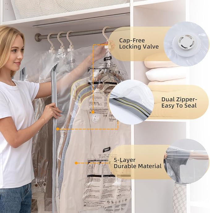TAILI Hanging Vacuum Storage Bags, Space Save Vacuum seal bags for Clothing Travel, Suits and Jackets, Winter Coat Storage Closet Organizers, Set of 4 (2 Long, 2 Short), Clear - Image 5