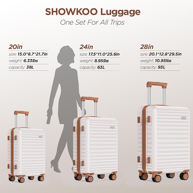 SHOWKOO Luggage Sets 3 Piece Hardside Expandable Suitcase with Double Spinner Wheels Tsa Lock Beige White (20in/24in/28) - Image 4