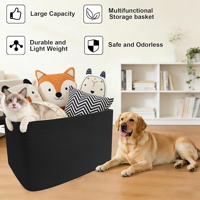 96L Extra Large Black Cotton Rope Laundry Basket with Sturdy Handle | 24x16x15 Foldable Rectangular Blanket Basket for Toys, Clothes & Pillows,Ideal for Nursery, Bathroom, Bedroom, Living Room - Image 8