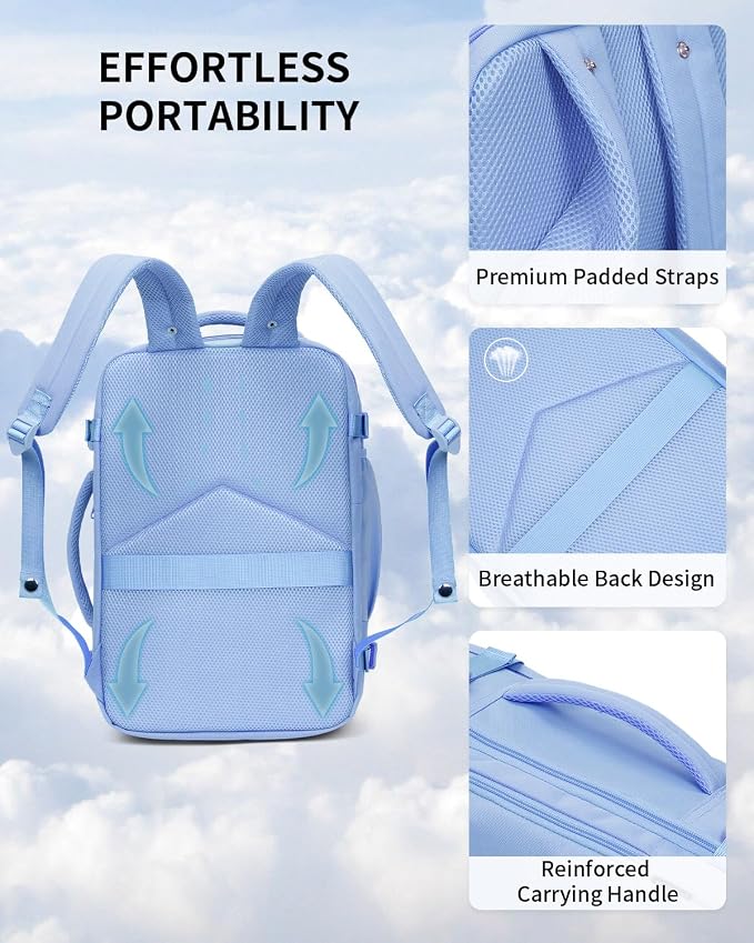 ECOHUB 17" Small Travel Backpack, United Airlines Personal Item Bag 17x10x9 with 16 Pockets, Water Resistant Rucksacks Fit 15.6" Laptop, AirTag Pocket, Lightweight Casual Daypack, 25L, Light Blue - Image 5