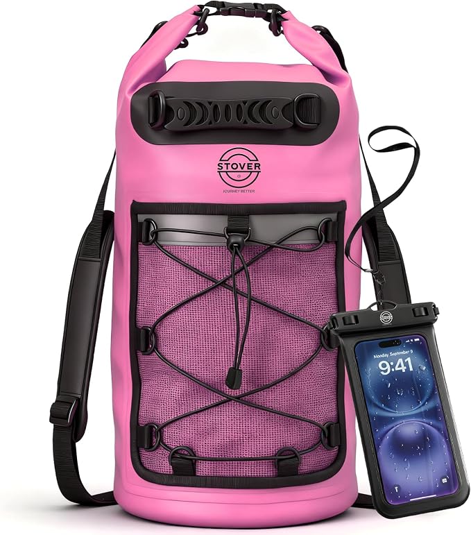STOVER 5/10/25/30/40L Waterproof Dry Backpack & Phone Case- Large Floating Dry Bag for Kayaking, Travel, Hiking, Fishing, Camping, Motorcycles & Beach, Heavy-Duty Roll Top Men/Women (Pink) by STOVER