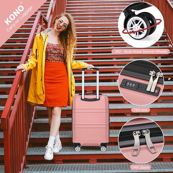 Kono Luggage Set 4 Piece Carry On Hardside Luggage with Spinner Wheels | Lightweight PC+ABS Carry On Suitcase with TSA Lock Nude/Rose Pink - Image 4