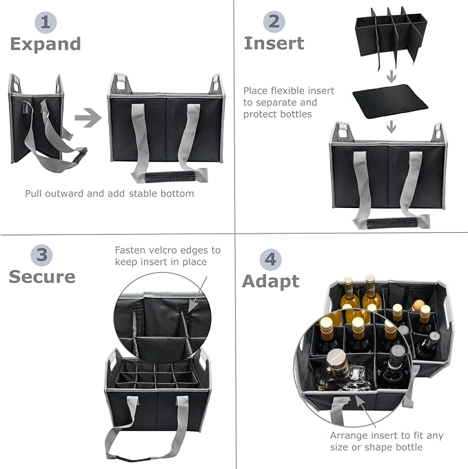12 Bottle Wine Carrier Collapsible Reusable with Strap for Liquor Champagne Beer Glasses Storage Shopping Travel (Black) - Image 4