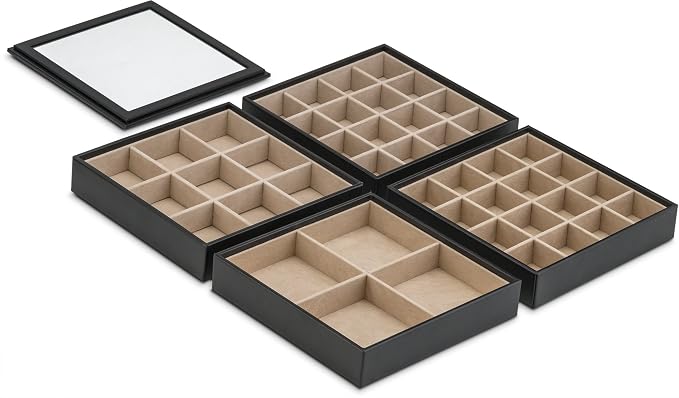 Glenor Co Earring Organizer Tray - 4 Stackable Trays with Lid -45 Slot Classic Jewelry Storage Display Case for Drawer or Dresser - Holder for Earring Ring Necklace or Cufflinks - Large Mirror - Black - Image 5