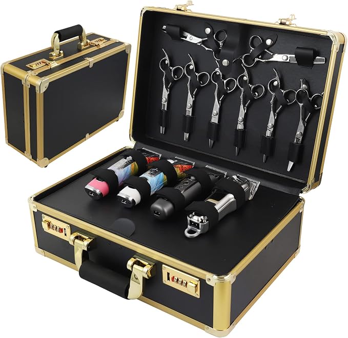 Barber Case Clipper Bag Gold, Hair Kit Tool Box Aluminum Organizer with Portable Handle and Secure Numlock for Scissors, Clippers, Barber Supplies 15.7" x 12" x 6.1" - Image 2