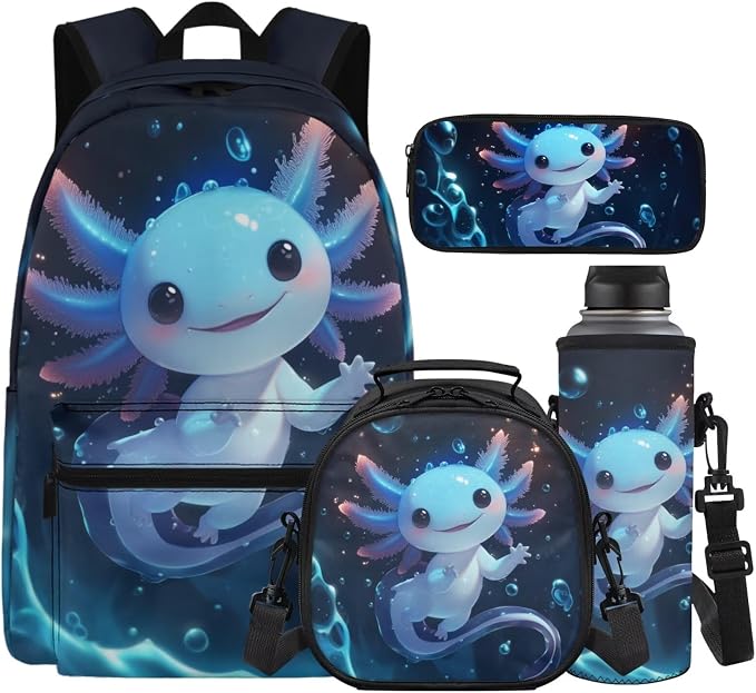 Girls Backpack with Lunch Box Cute Axolotl Elementary School Backpack for Girls 17 Inch School Bookbag Set with Pencil Pouch+Bottle Sleeve, Funny Children's Book Bag Back Pack by Unknown