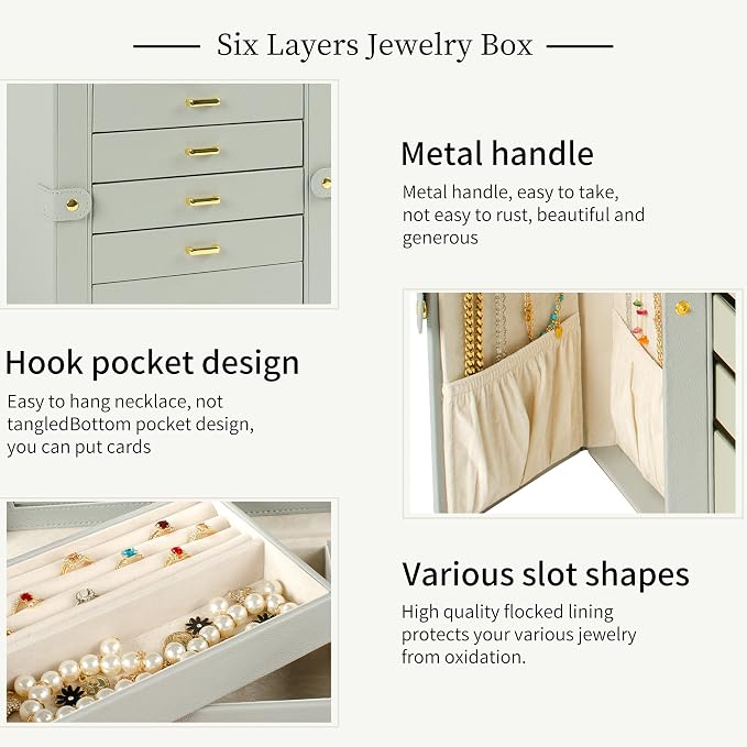AKOZLIN 6-Tier Jewelry Box Organizer Functional 5 Drawers Leather Jewelry Storage Case for Women Girls Ring Necklace Earring Bracelet Holder Organizer with Mirror Grey Large - Image 4