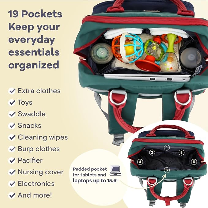 RUVALINO Diaper Bag Backpack-Multifunction Baby Travel Bag with Changing pad, Insulated Bottle Holders & Pacifier Case, Large Capacity, Waterproof, Red-Green-Blue - Image 3