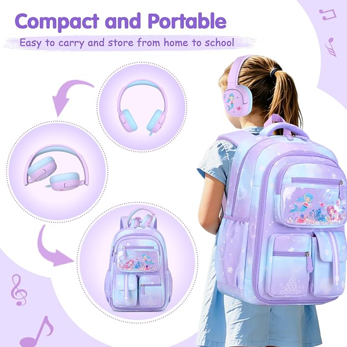 ACESAK Kids Backpack for Girls, Mermaid Backpack Set with Over-ear headphones, Lunch Bag Set for School, Girls Backpack for Elementary Middle school Teen Student(Purple) - Image 5