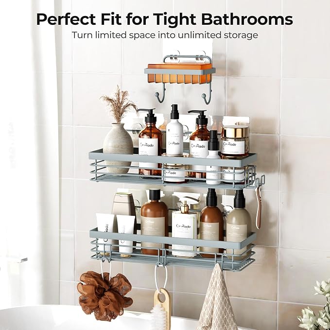 Orimade Adhesive Shower Caddy Soap Dish Holder Shelf with 5 Hooks Bathroom Organizer Basket Kitchen Storage Rack Wall Mounted No Drilling Stainless Steel - 3 Pack, Light Blue Grey - Image 9