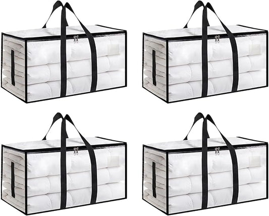 4 Pack-Extra Large Heavy Duty Moving Bags - Waterproof Storage Totes with Handles & Zippers, Foldable for College Dorm, Storage (Clear) by Unknown