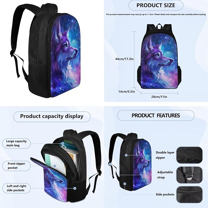 Galaxy Wolf Backpack for Girls Boys Backpack with Lunch Box Water Bottle Carrier and Pencil Pouch 4PCS Set Bookbag with Compartments for School 17 inch Large Capacity School Bag for Kids - Image 4