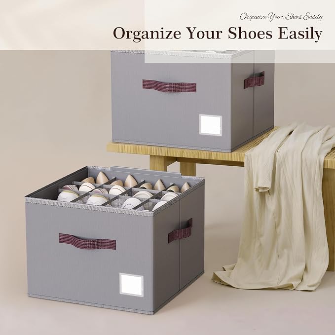 Criusia Shoe Organizer for Closet, 3 Pack Shoe Organizer with Transparent Cover and Sturdy Handles, Closet Shoe Storage for Sneakers Sandals Slippers, Fit 12-16 Pairs, Gray - Image 7