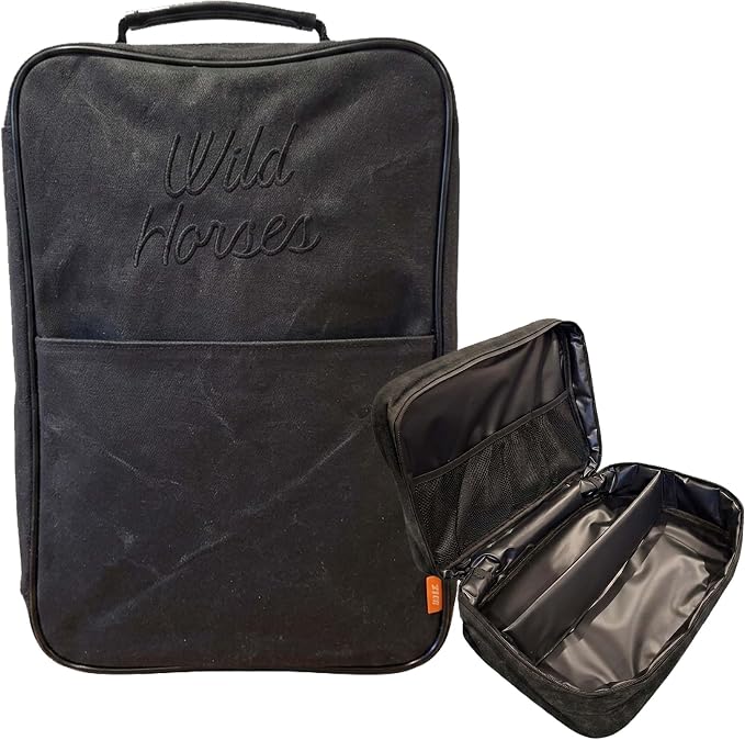 Wild Horses Golf Shoe Bag - Premium 12oz Waxed Canvas w Ventilation - Free Mini Towel & ShoeHorn - Easy Wipe Down Interior - Waterproof Travel Shoe Bag Storage - Men & Women up to Size 14 - Black by Unknown