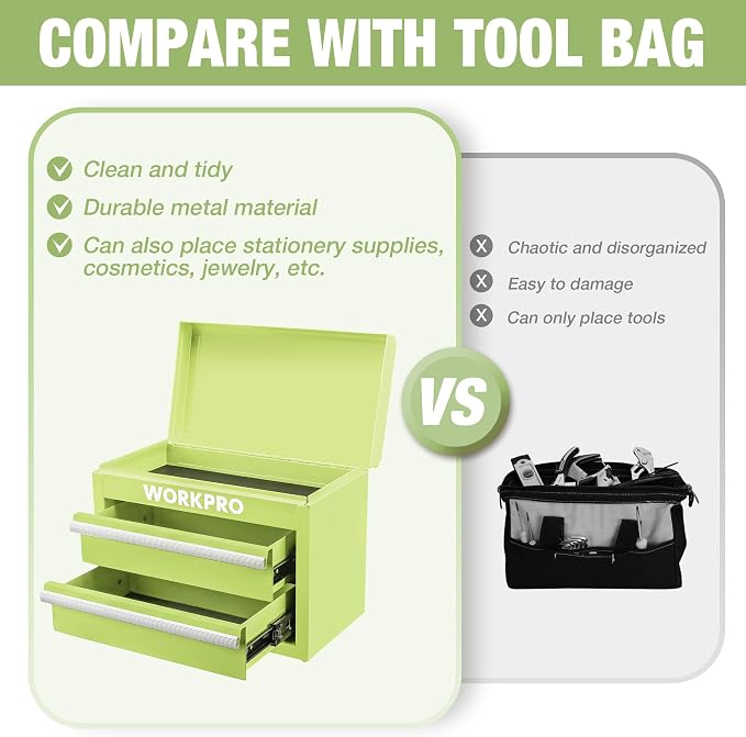 WORKPRO Metal Mini Tool Box with 2 Drawers and Top Storage | Cold Rolled Steel Toolbox, Ball Bearing Slides, PVC Drawer Liners, PP Feet Pads, Durable Storage - Image 5