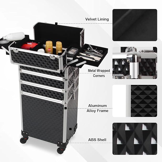 4 in 1 Professional Makeup Train Cases Large Storage Cosmetic Case 4 Wheels Lockable Rolling Makeup Trolley Diamond Surface (BLACK) - Image 4