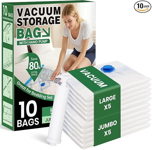 Vacuum Storage Bags,10Pack Vacuum Seal Bags for Clothing,Bedding,Clothes,Comforters,Blankets,Pillows-5 Jumbo+5Large Space Bag Vacuumm Storage Bag Hand Pump Inclued by FUNFERY