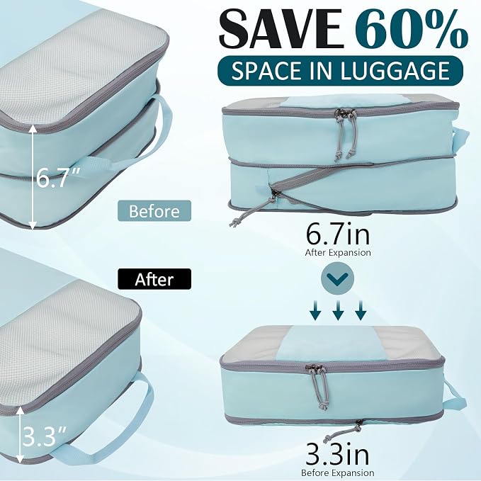 Compression Packing Cubes for Travel Essentials, 2 Set Expandable Compression Bags for Travel Packing Cubes for Suitcase Luggage Organizer Bags, Blue Mesh - Image 3