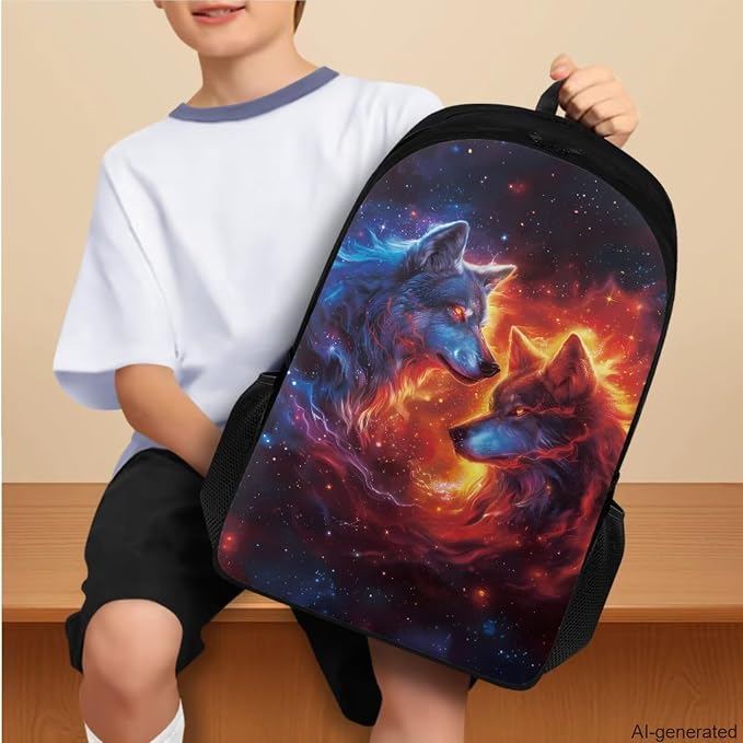 Galaxy Wolf Backpack for Girls Boys Backpack with Lunch Box Water Bottle Pouch and Zipper Pencil Pouch 4PCS Set Bookbag with Compartments for School 17 inch Large Capacity School Bag for Kids - Image 3