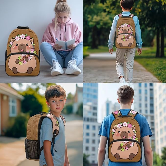 4 PCS Backpacks for Kids Capybara Backpack School Bag with Reusable Lunch Box Water Bottle Carrier Bag Pencil Case Set Preschool Kindergarten - Image 3