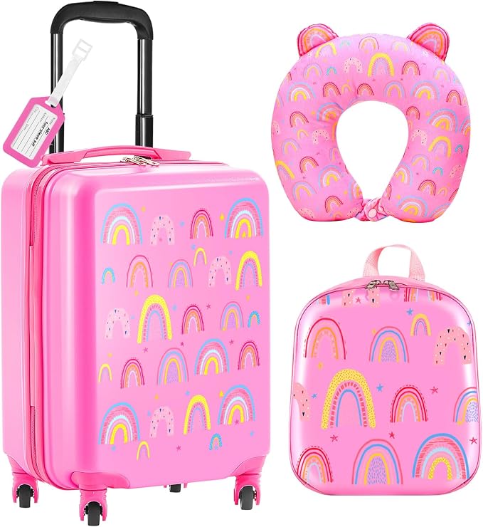 Sanwuta 4 Pcs Kids Luggage Set Back to School Gifts for Girls Boys Carry On Rolling Suitcase Backpack Neck Pillow Travel Set(20 Inch,Rainbow Style,Pink) by Sanwuta