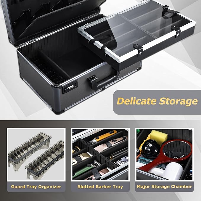 Yueieoun Professional Barber Case - Portable Barber Tool Case Hair Clipper Organizer with Combo Locks, Detachable Trays for Clippers, Shears, Razors, Trimmers - Secure Storage for Barbershop or Travel - Image 4