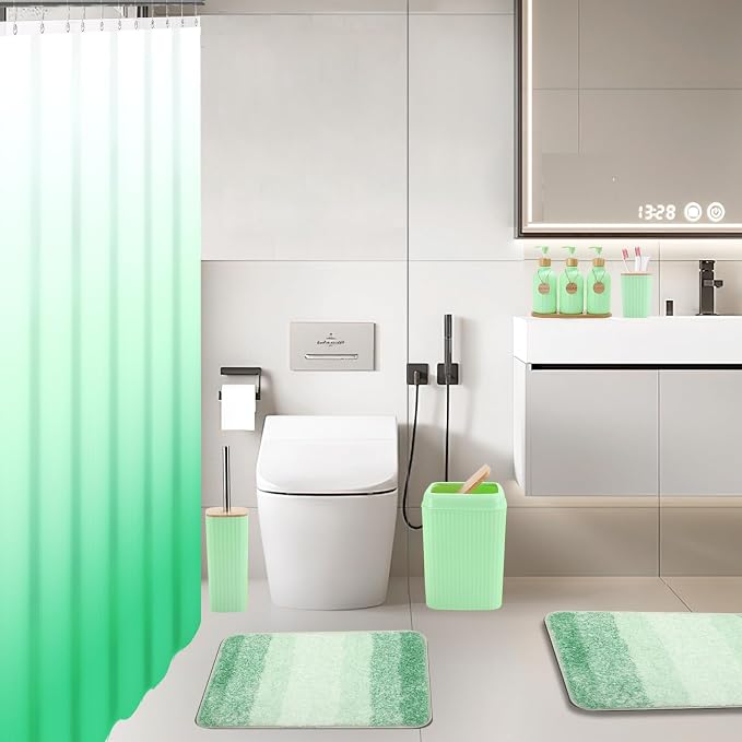 32PCS Green Bathroom Accessories Set with Shower Curtain,Rugs,Trash Can,3PCS Lotion Soap Dispenser, Toothbrush Holder, Soap Dish,Tumbler Cup,6PCS Wood Tags Bath Accessories with Tray for Bathroom - Image 6
