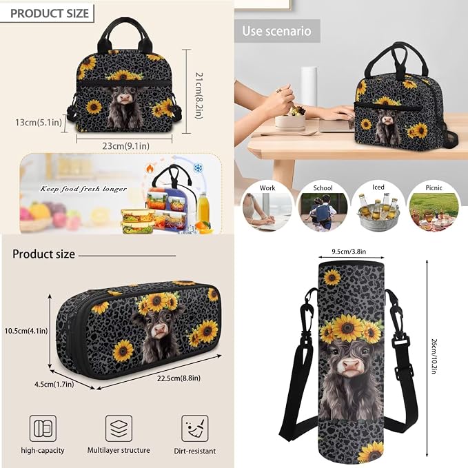 Highland Cow Sunflower Black Leopard School Backpack for Boy Girl Book Bag Waterproof Hiking Backpacks Daypack Knapsack Rucksack Pencil Bags with Zipper Lunch Box Water Bottle Holder - Image 6