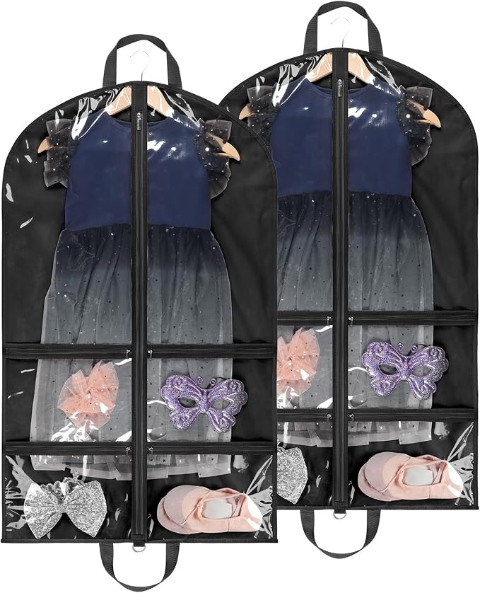 KEEGH Clear Garment Bags for Dance Costumes 40 inch Dance Garment Bags for Dancers Hanging Clothes for Closet Storage, with 4 Zipper Pockets for Dance Competitions, Ballet, Theatre, 2 Pack, Black by KEEGH