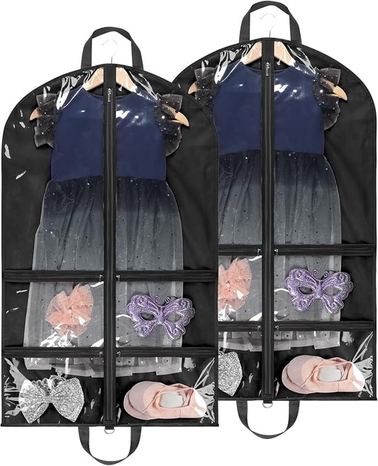 KEEGH Clear Garment Bags for Dance Costumes 40 inch Dance Garment Bags for Dancers Hanging Clothes for Closet Storage, with 4 Zipper Pockets for Dance Competitions, Ballet, Theatre, 2 Pack, Black by KEEGH