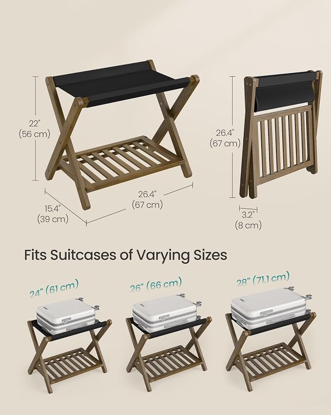 SONGMICS Bamboo Luggage Racks, Foldable Suitcase Stand, Luggage Holder with Storage Shelf, Synthetic Leather, Fully Assembled, Wipe-Clean, for Guest Room, Hotel, Bedroom, Set of 2, Walnut Brown URLR040KZ01 - Image 2